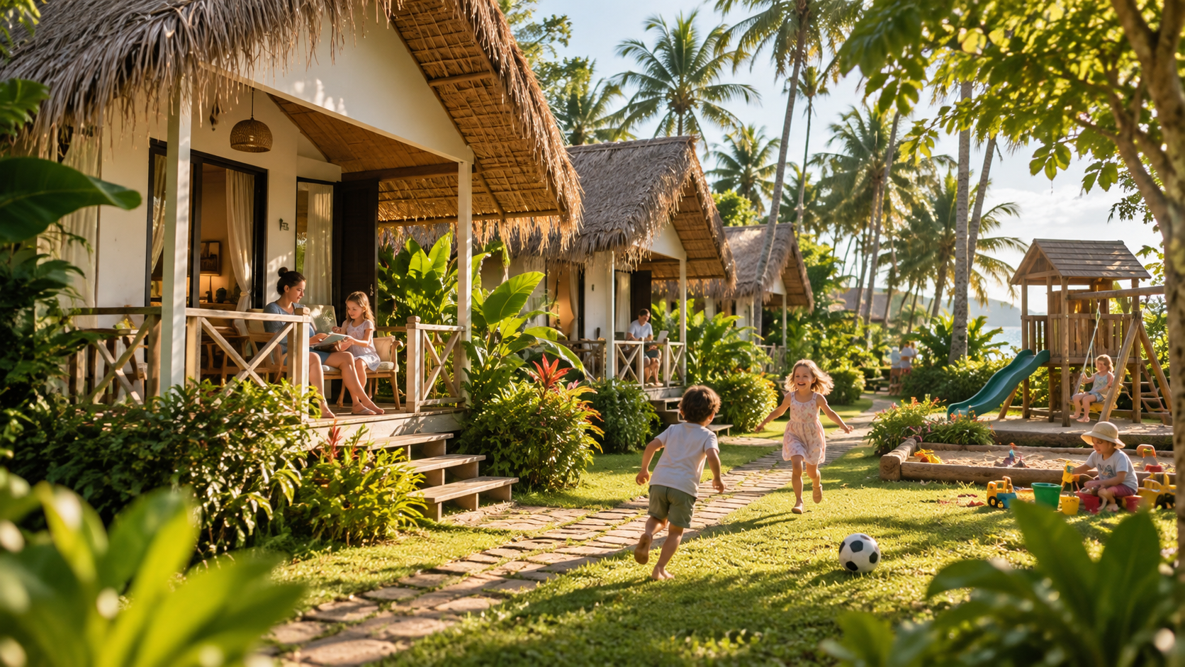 Resort houses among palms with a shared terrace
