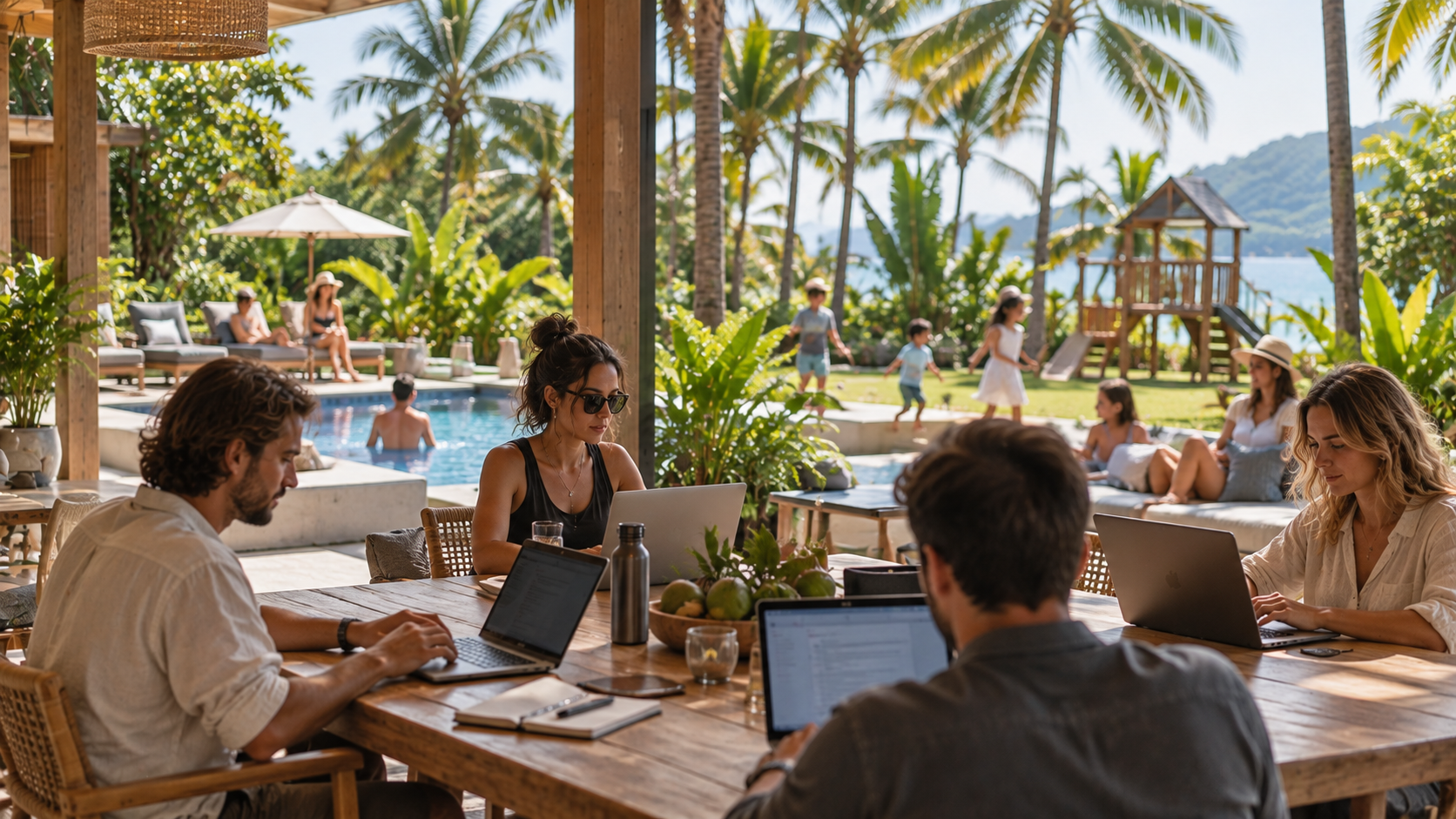 A resort in Thailand where colleagues work while families relax by the pool