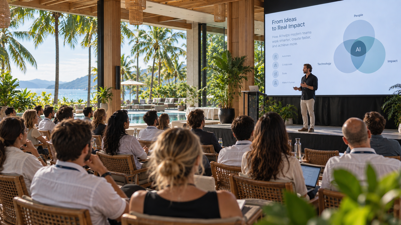 A business conference in a bright tropical resort hall in Thailand