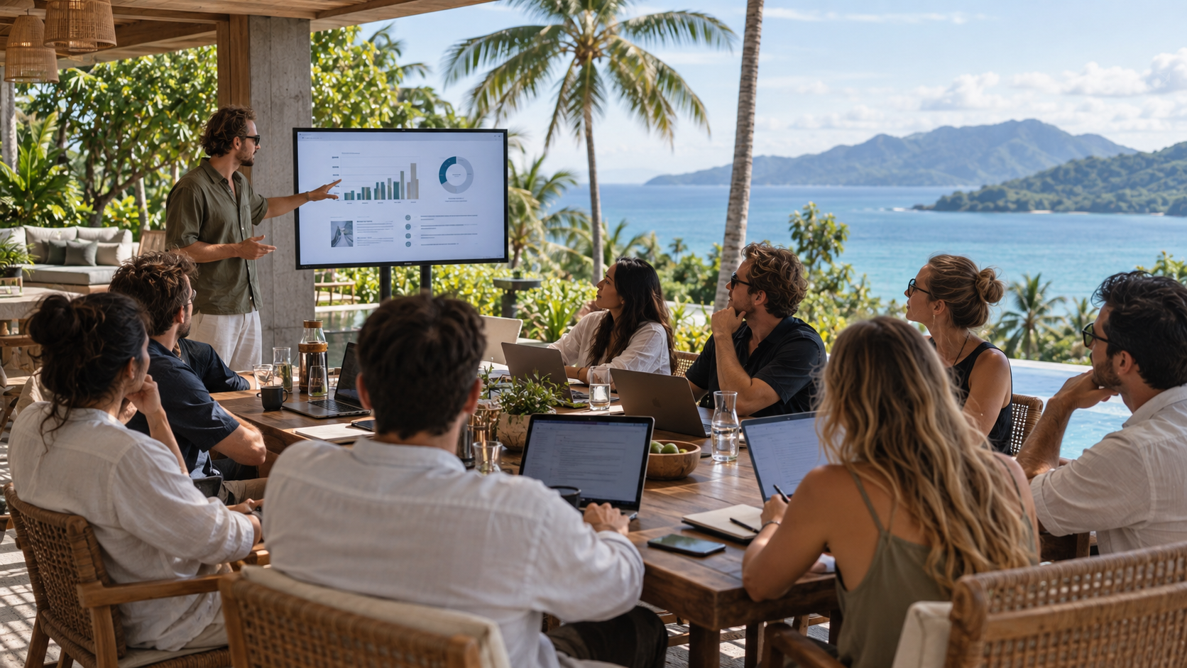 A company team meeting on an open-air terrace overlooking the sea in Thailand
