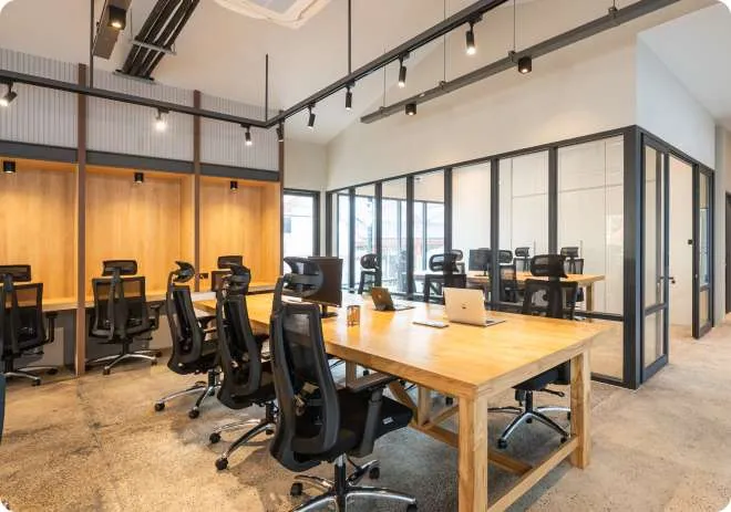 A modern glass-walled meeting room