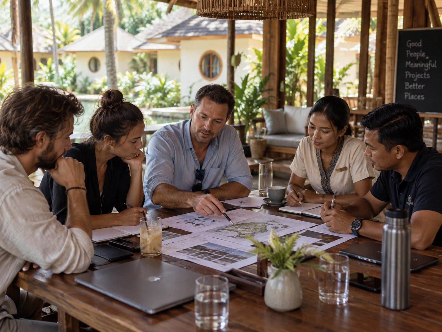A team meeting set up inside a booked private villa