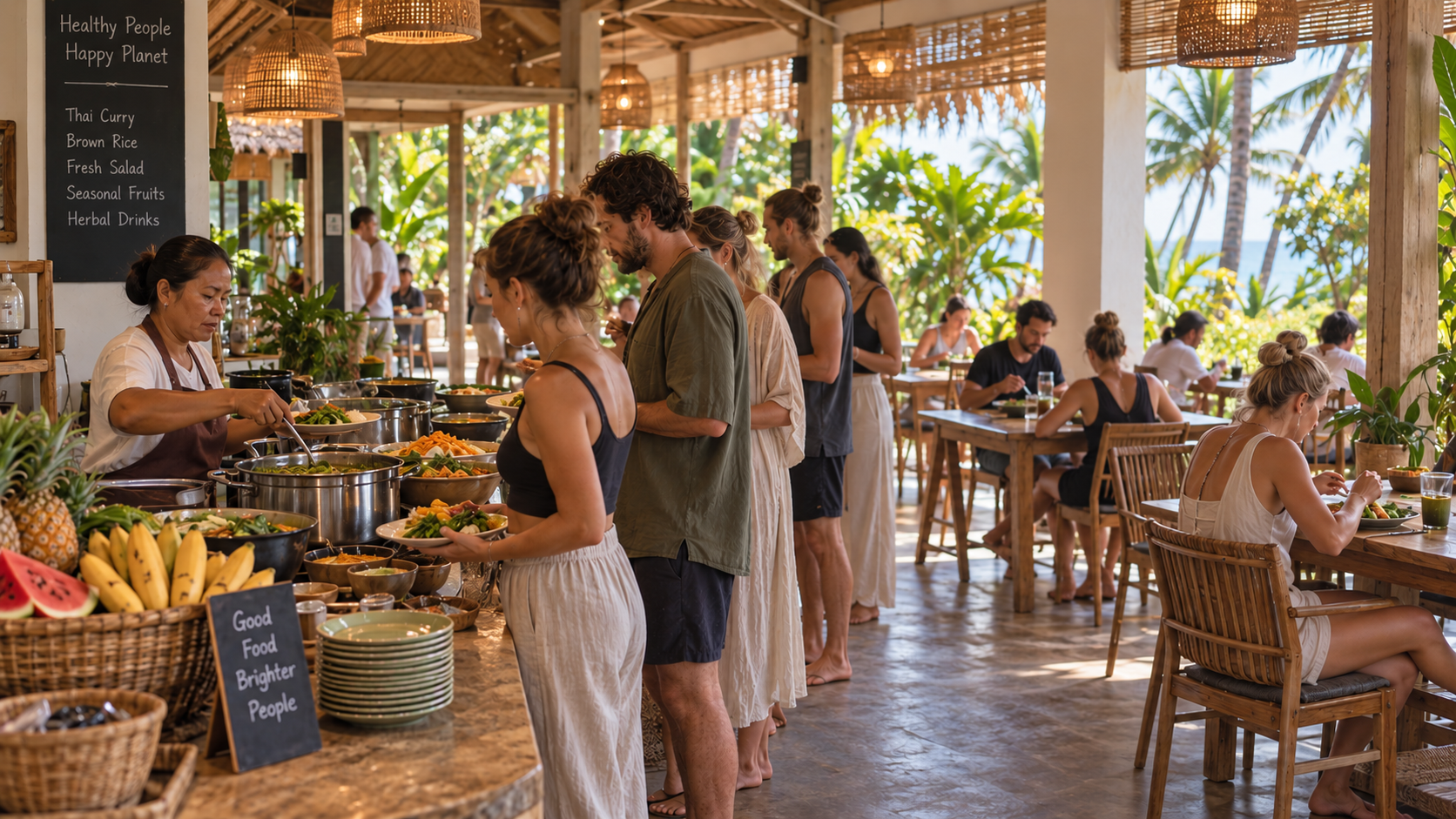 A retreat group gathered in an open-air hall