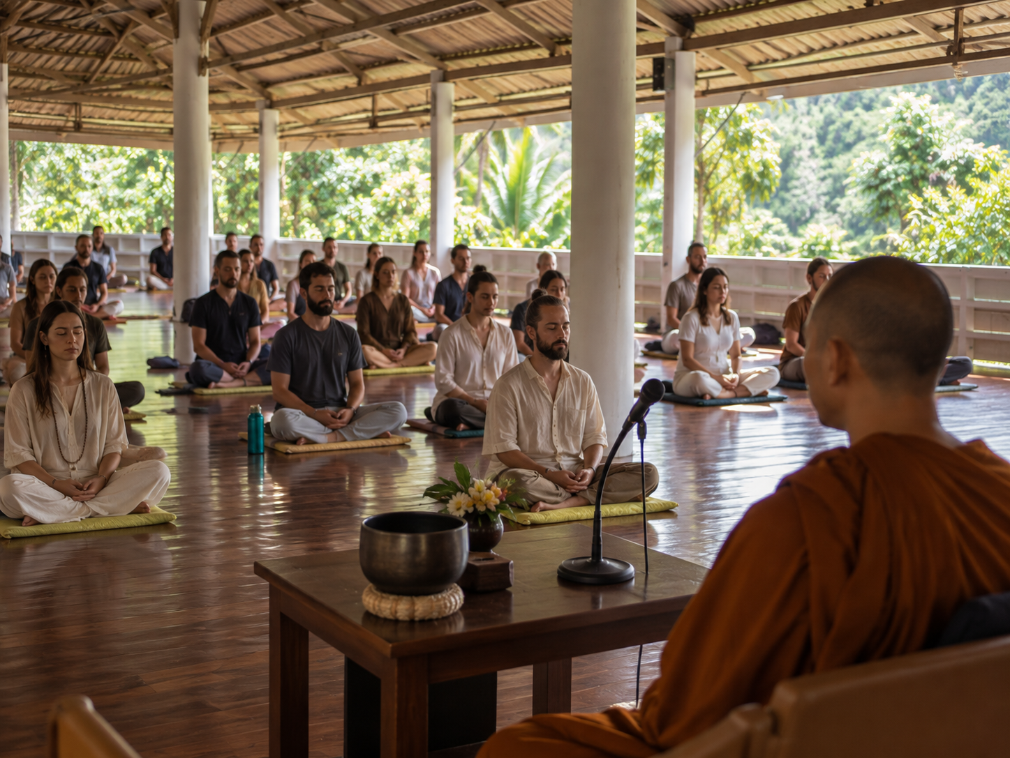 A guided meditation session in an open pavilion